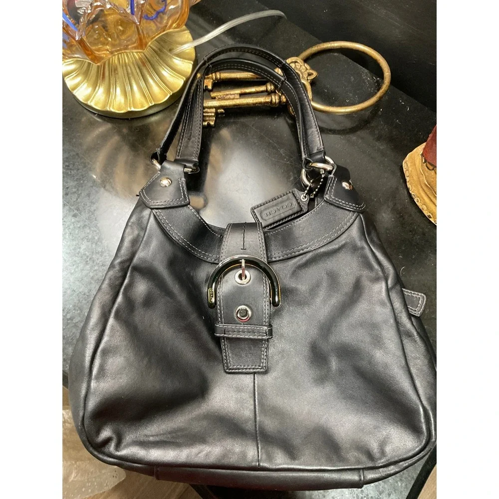 Coach Soho Black Leather Buckle Hobo Bag Silver Hardware Blue Lining